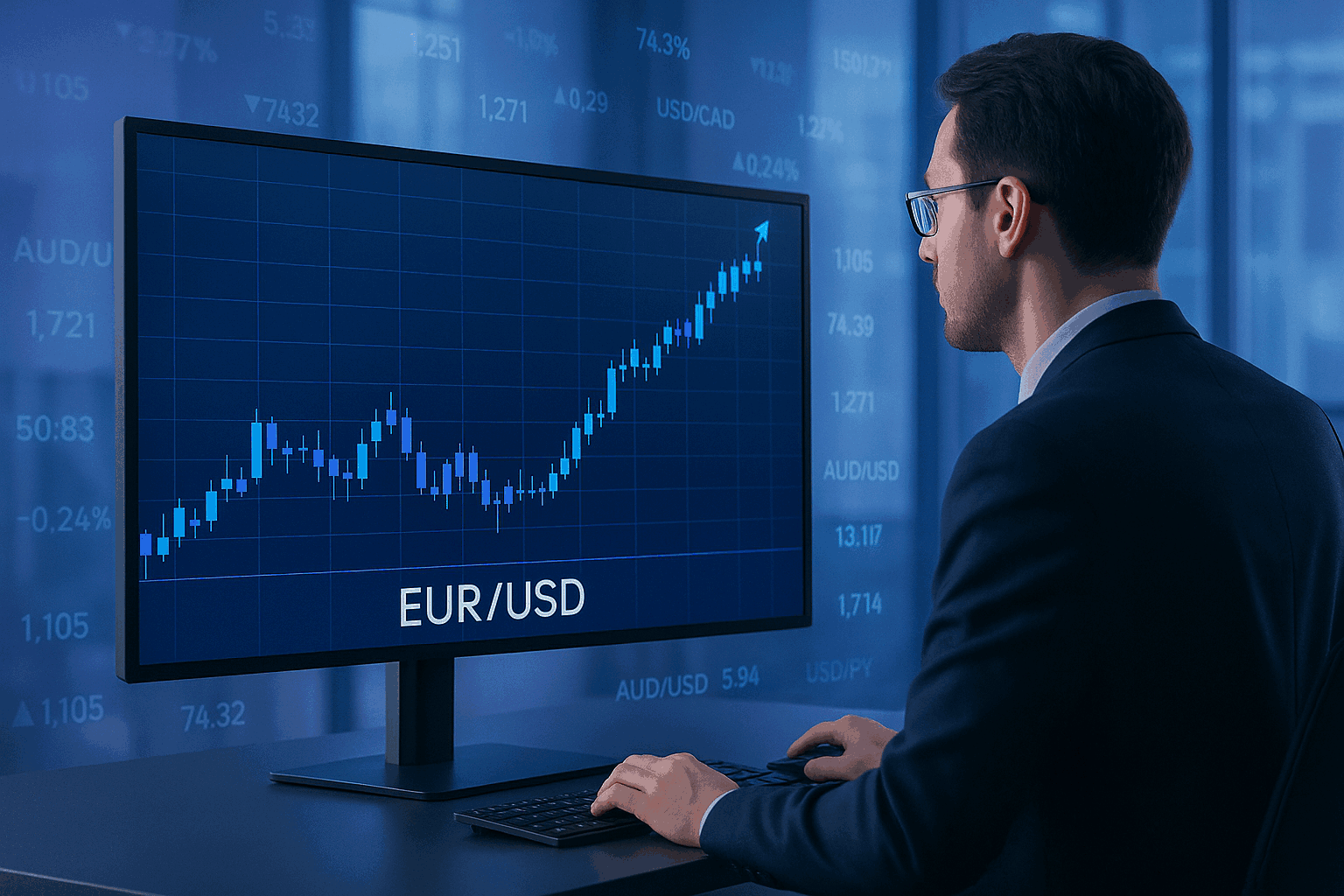 外汇图表与行情走势，交易员在电脑前分析 EUR/USD 汇率
